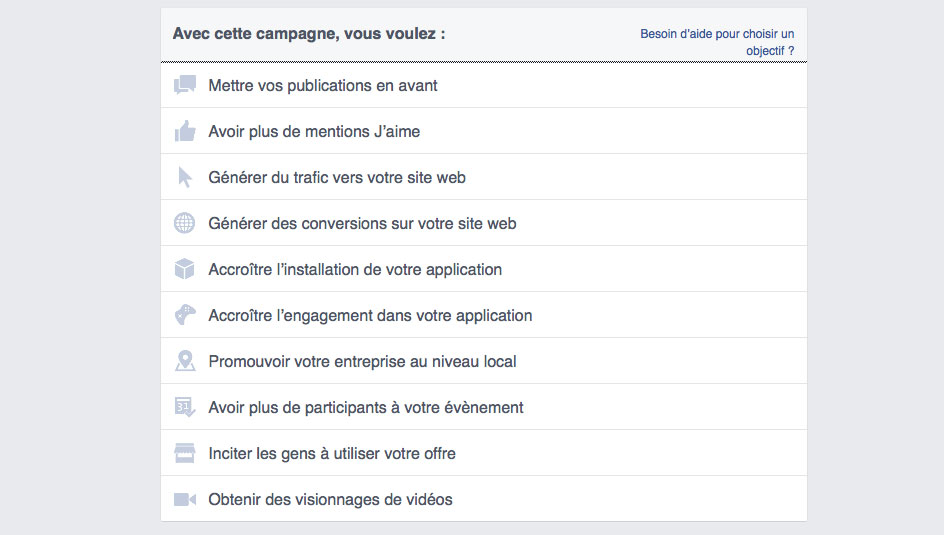 type de campagne facebook